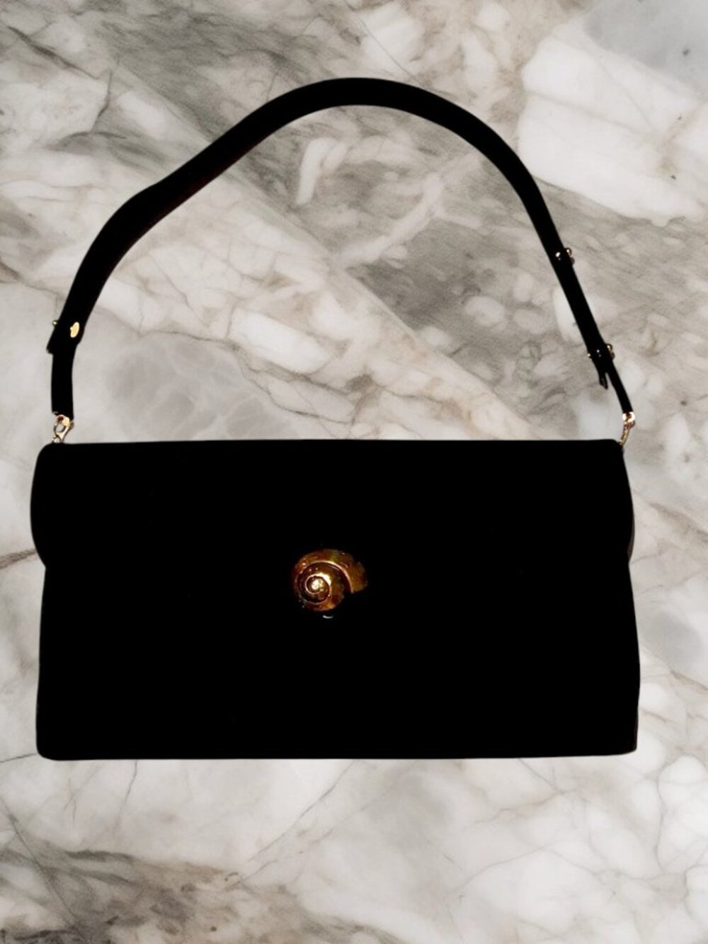 VTG RODO Italy Black Suede Evening Clutch Bag - Gold Snail Clasp